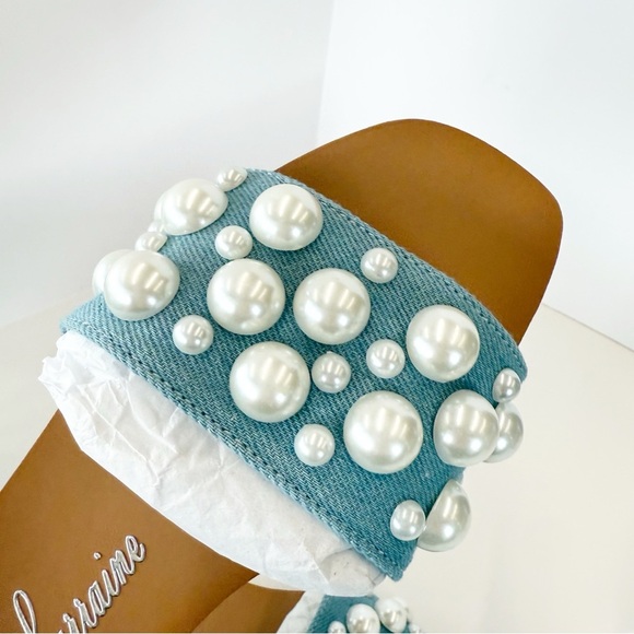 NWT Lauren Lorraine Nilo Pearl Denim Slides, Size 6 - Picture 9 of 11